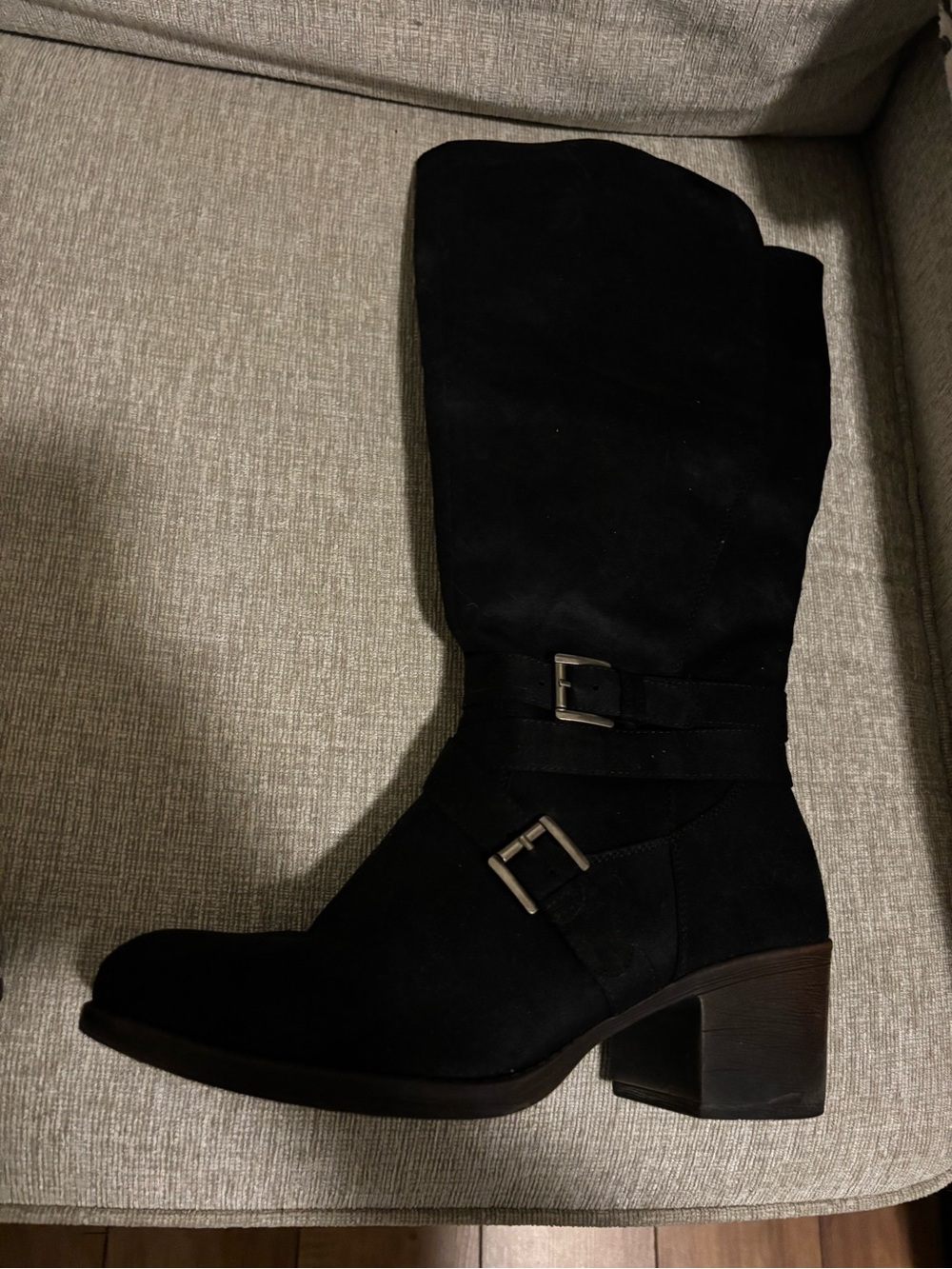 White Mountain Black Suede Mid-Calf Buckle Boots